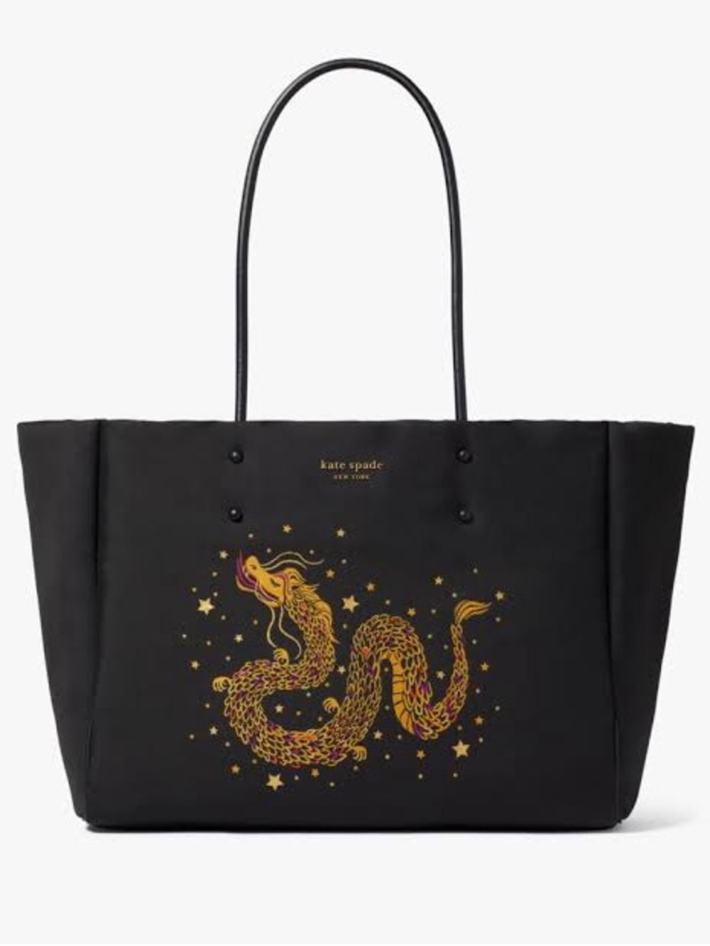 kate spade Black Tote with Gold & Pink Dragon Graphic